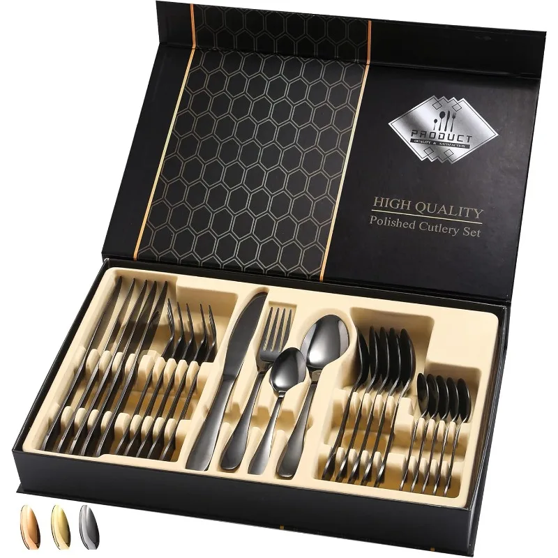 24pcs Black/Gold Silverware Set with Steak Knives Forks Spoons,Stainless Steel Tableware Cutlery Service for 6,Dishwasher Safe