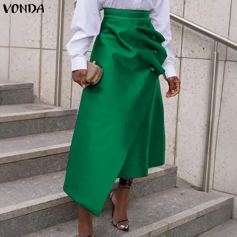 VONDA Plus Size 5XL Donne Eleganti Gonne di Raso A Vita Alta Pulsante Pieghettato Asimmetrico Maxi Jupes Moda Solido Lungo Faldas Saia