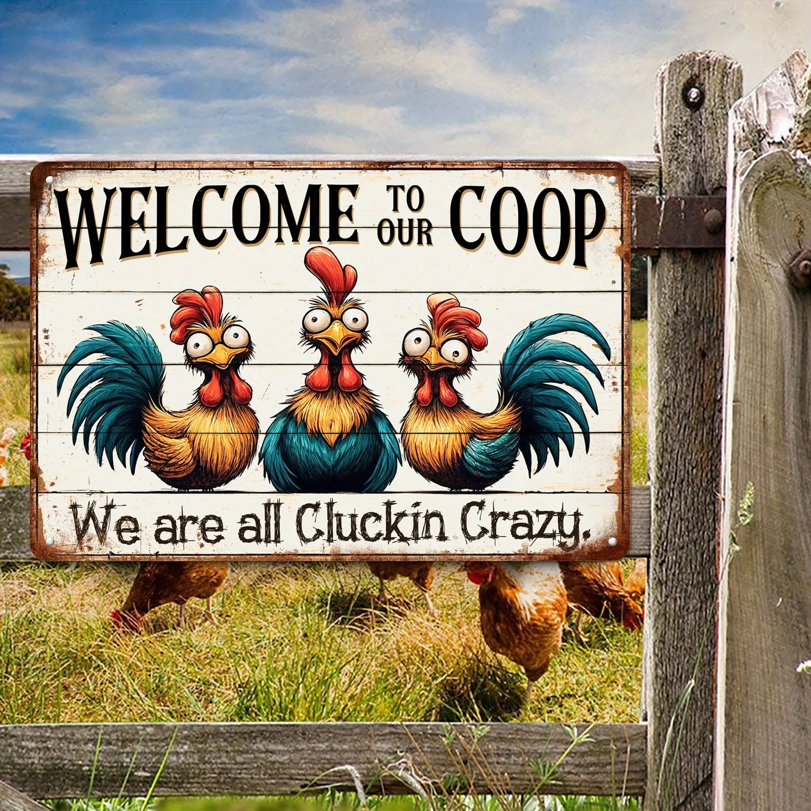 Welcome to Our Coop Sign "We Are All Cluckin Crazy" - Metal Tin Wall Decor 12"x8" Rustic Farmhouse Kitchen & Chicken Coop Art w