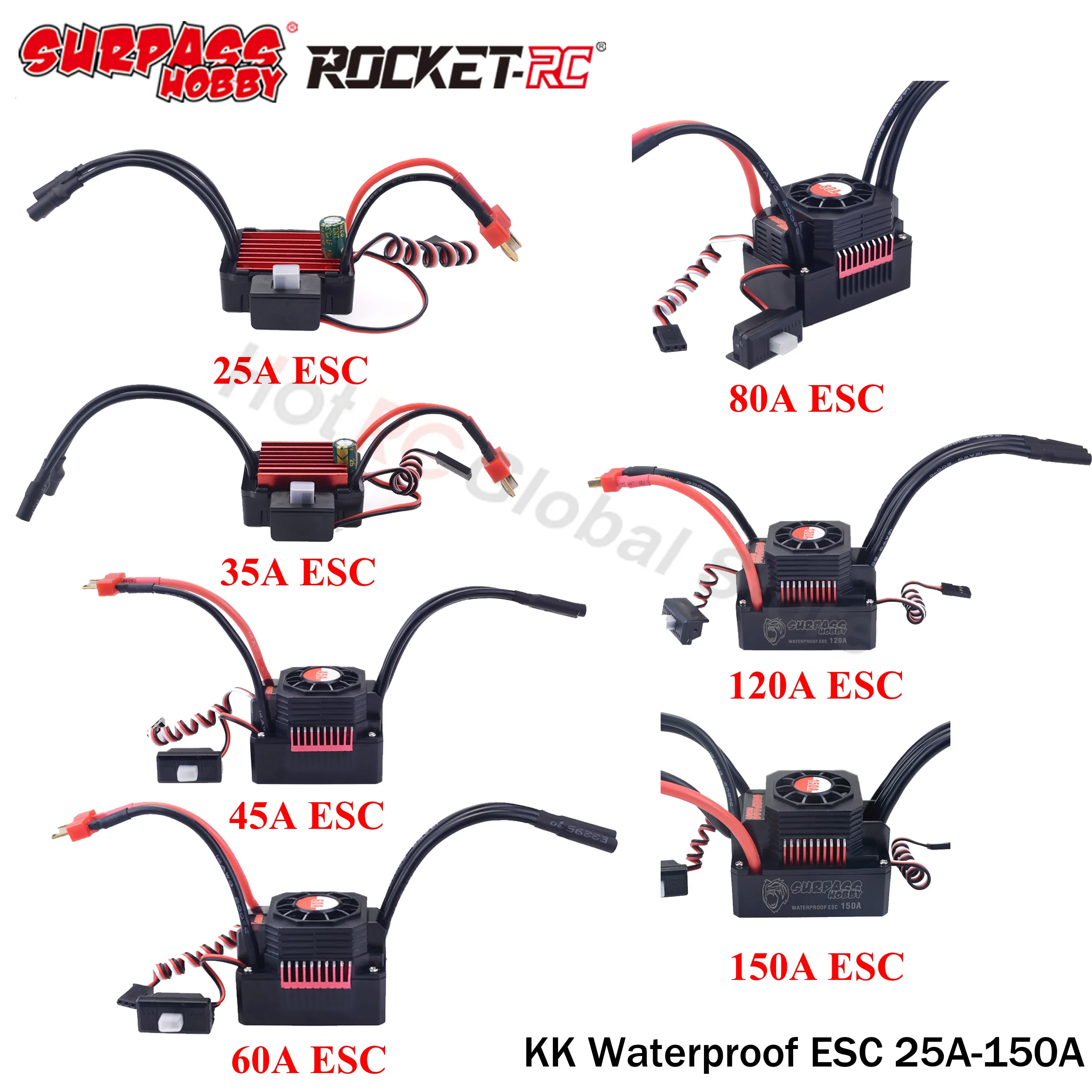 SURPASS HOBBY KK 25A 35A 45A 60A 80A 120A 150A Waterproof Brushless ESC T Plug for 1/8 1/10 1/12 1/14 1/16 RC Car Crawler Motor