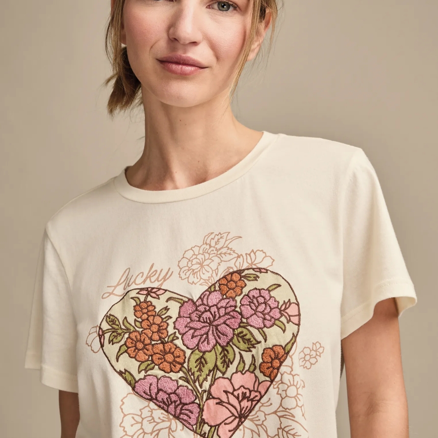 Lucky Brand Heart Floral Classic Crew in Butter Cream, Size 2XL