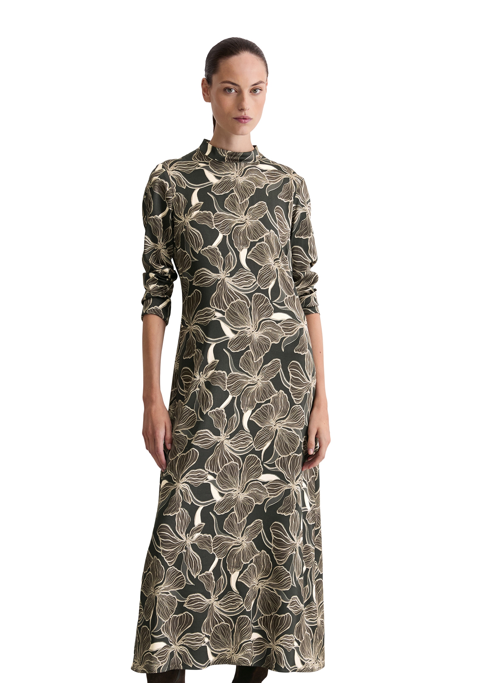 Druckkleid MARC O'POLO "aus Premium Viskose-Stretch", Damen, Gr. 44, Normalgrößen, schwarz braun, Obermaterial: 97% Viskose, 3% Elasthan, bedruckt, figurbetont wadenlang, normaler Saum, Kleider Druckkleid