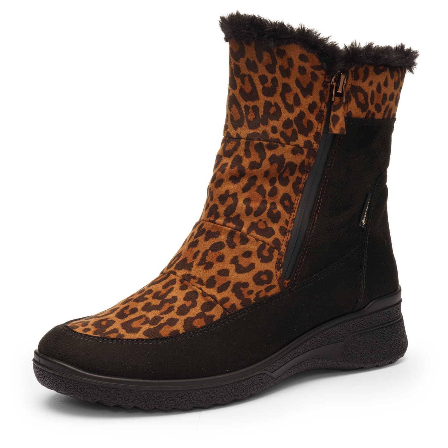 Winterstiefelette ARA "MÜNCHEN", Damen, Gr. 41, schwarz (leo, schwarz), Lederimitat, Textil, animal-print, Schuhe Winterstiefelette, Snowboots, Winterstiefel mit Gore-Tex und schuhweite H (sehr weit)