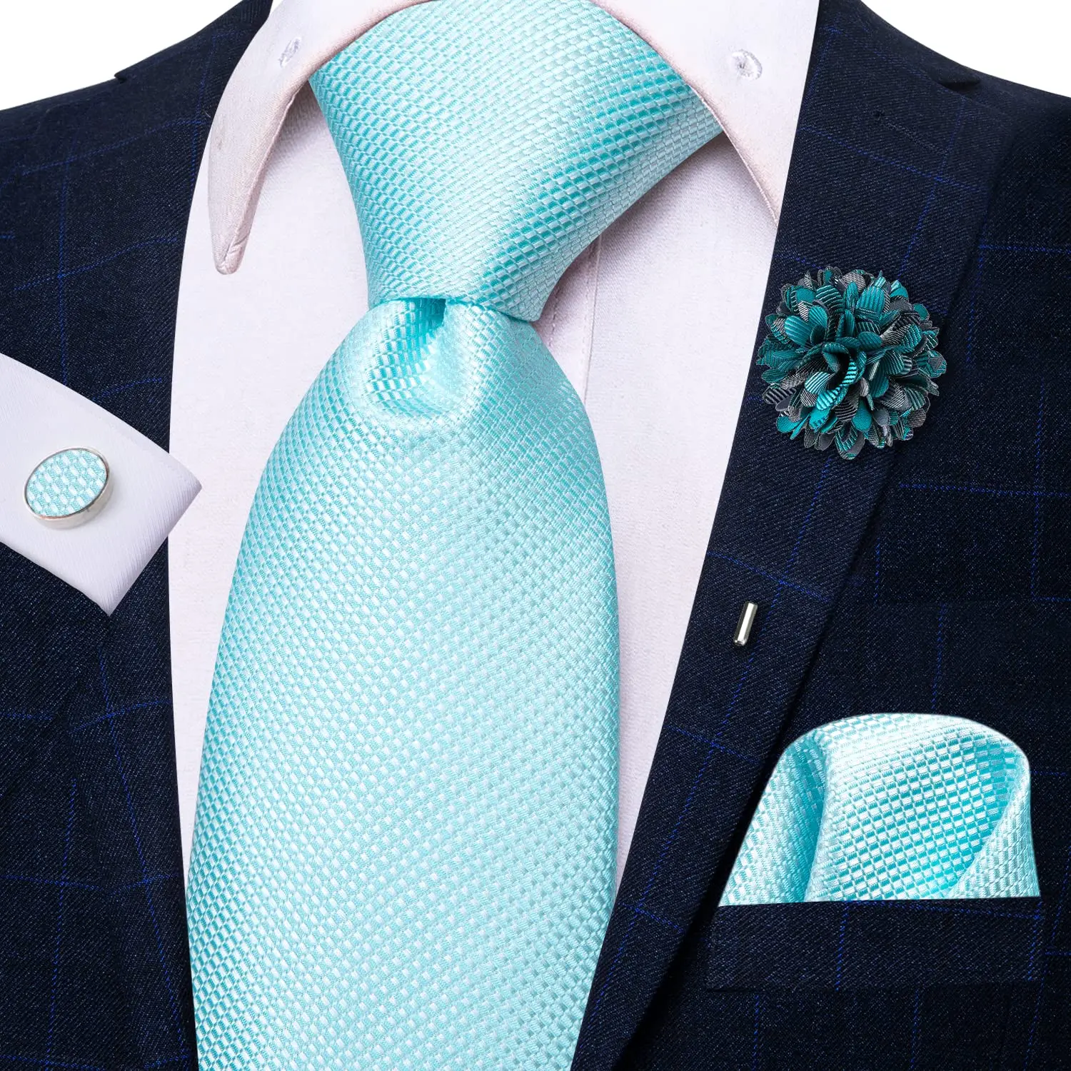 Solide hellblaue Seiden-Business-Krawatte, 2023, neue Hi-Tie-Designer-Herrenkrawatte, luxuriös, 8,5 cm, Einstecktuch, Manschettenknopf, Brosche, Hochzeitskrawatte für Männer Image