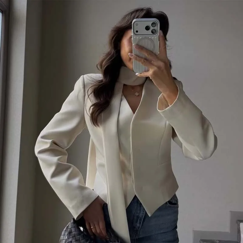 YENKYE Neue Mode Mit Schal Weiß Elegante Jacke Für Frauen Langarm V-ausschnitt Temperament Einfach Alle-spiel Chic mantel Image