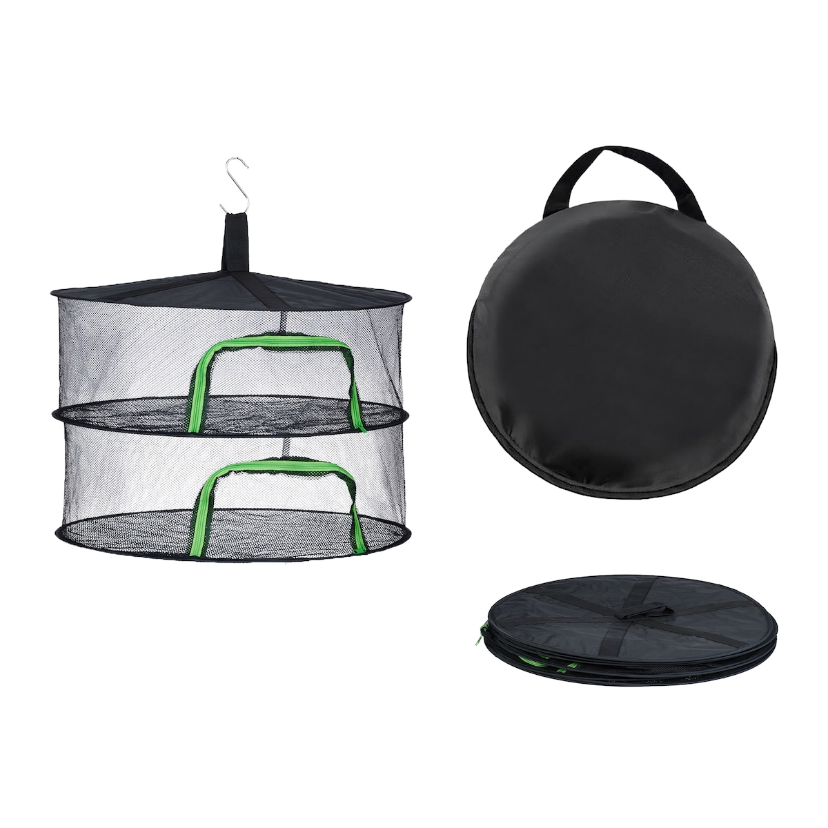 Relaxdays Trockennetz faltbar, Dörrnetz 2 Ebenen für Kräuter, Obst, Gemüse, Fischtrockner zum Aufhängen, grün/schwarz Image