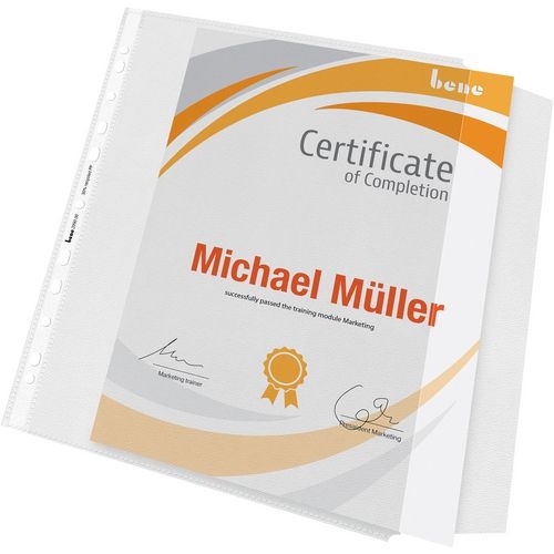 Bene ClearView Prospekthüllen DIN A4 Genarbt Transparent 130 Mikron PP (Polypropylen) Seitliche Öffnung 11 Löcher 10 Stück Image