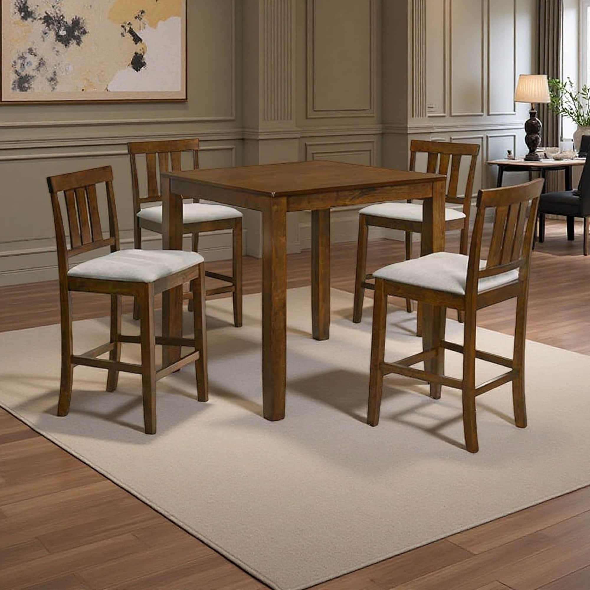 Set of 5 Counter Height 35.4" Dining Set Square Table Cream Cushioned Upholstered Slatted Back Chairs Wooden Contemporary Style
