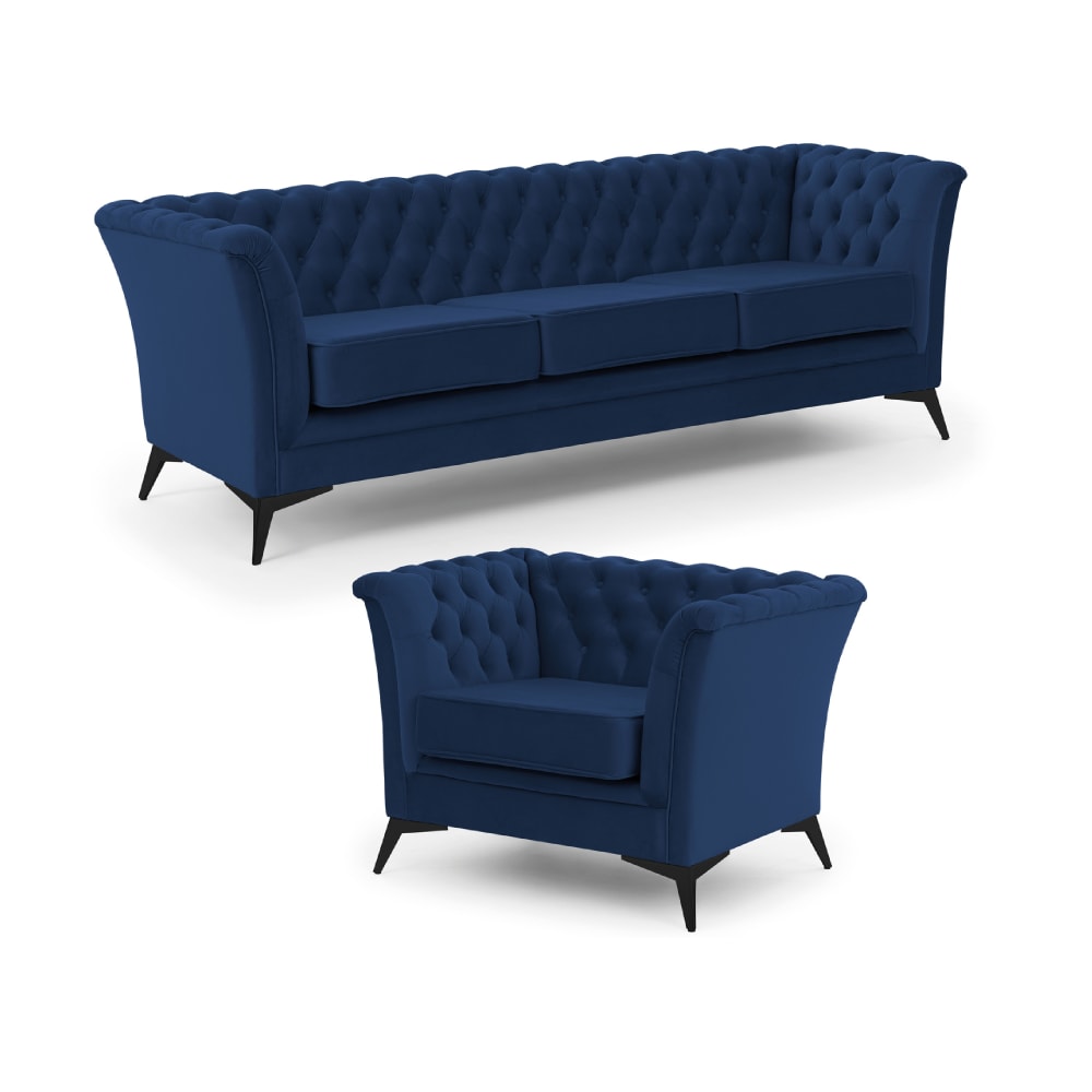 Ensemble de canapés Chesterfield 3+1 en velours bleu marine