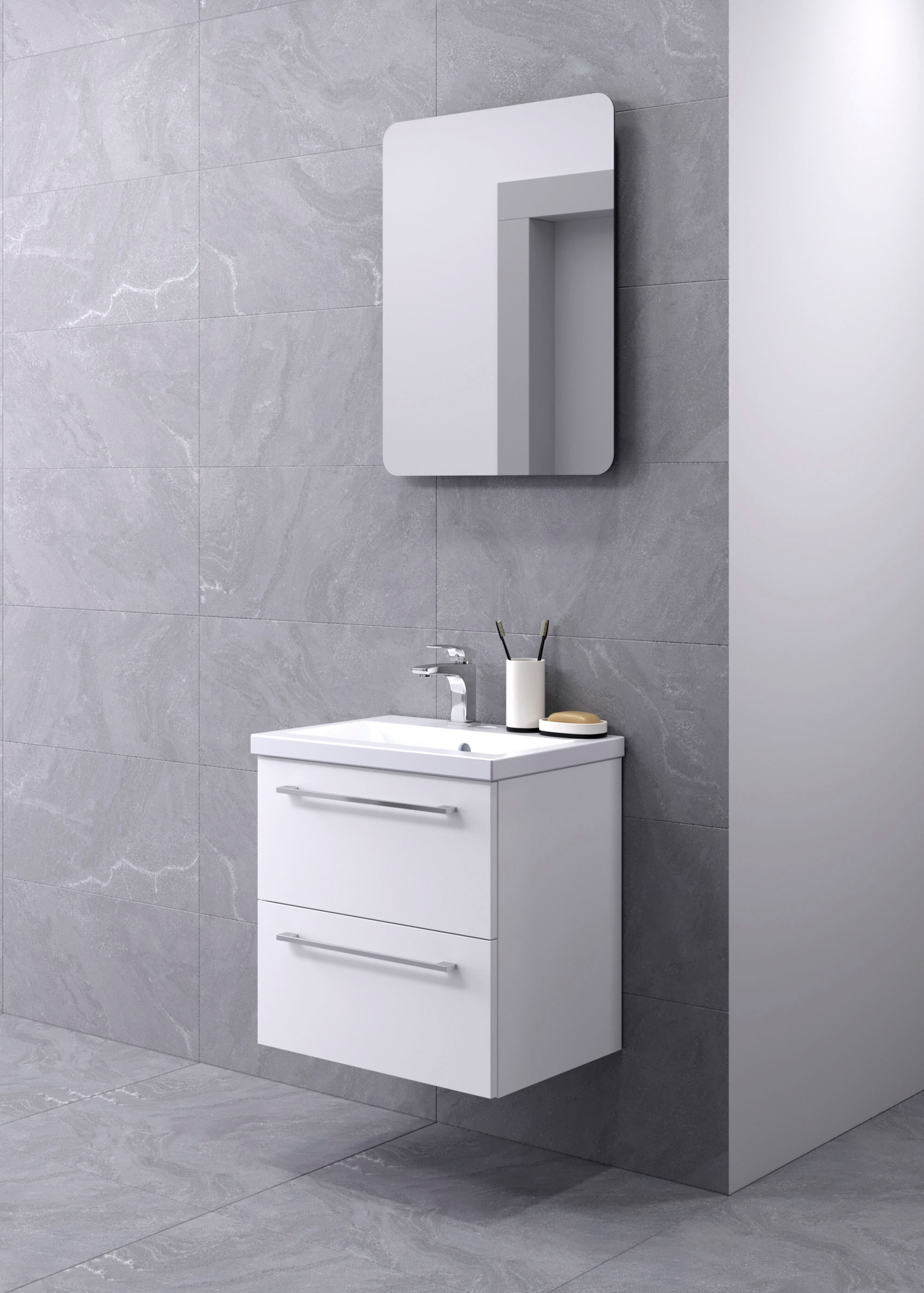 Badezimmer-Set WELLTIME "Scandic", weiß, B:51cm T:39cm, Keramik, MDF, Kastenmöbel-Sets, 2in1 - Spiegel & Waschtisch mit Soft-Close, Keramikwaschbecken Image