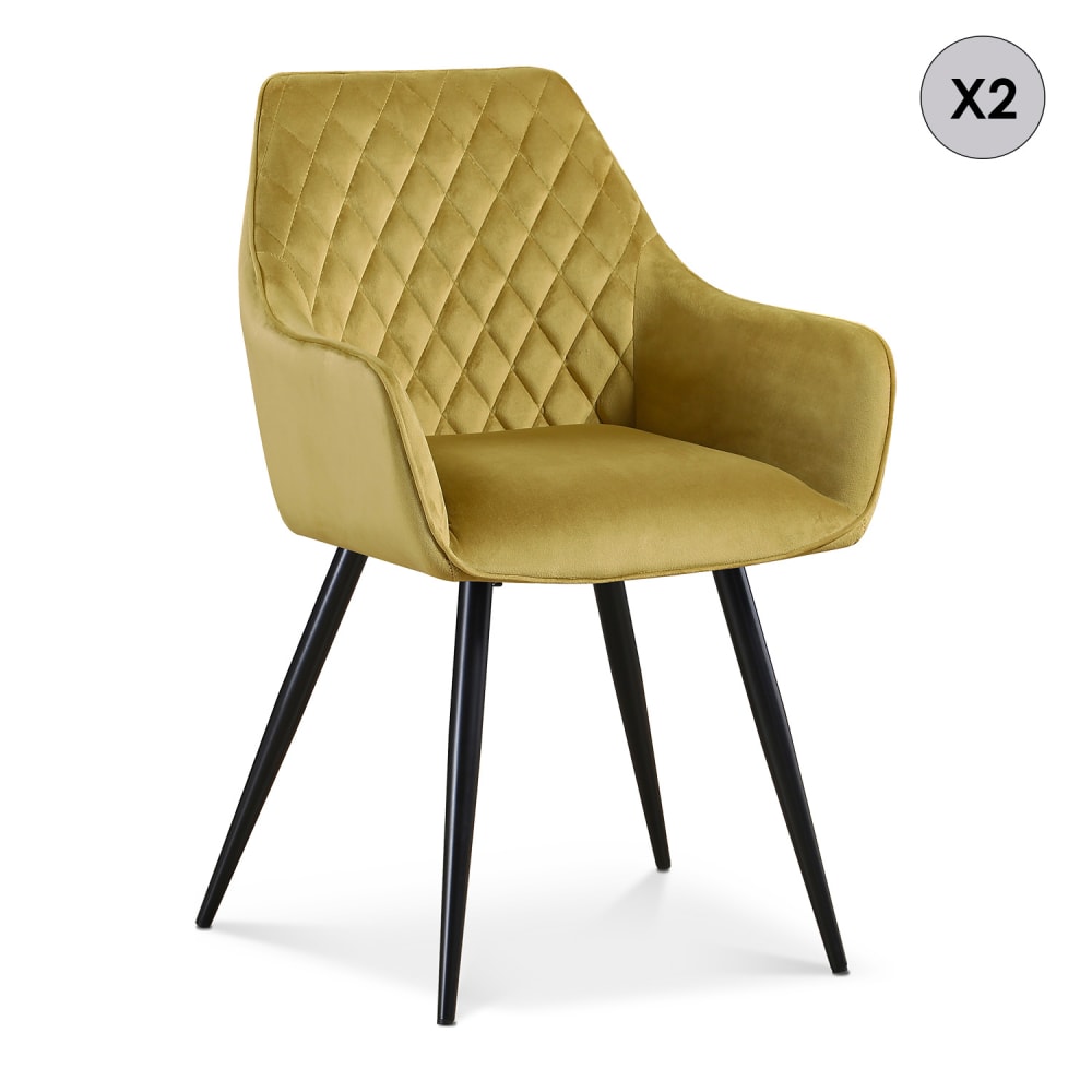 Lot de 2 chaises en velours jaune moutarde pieds noir