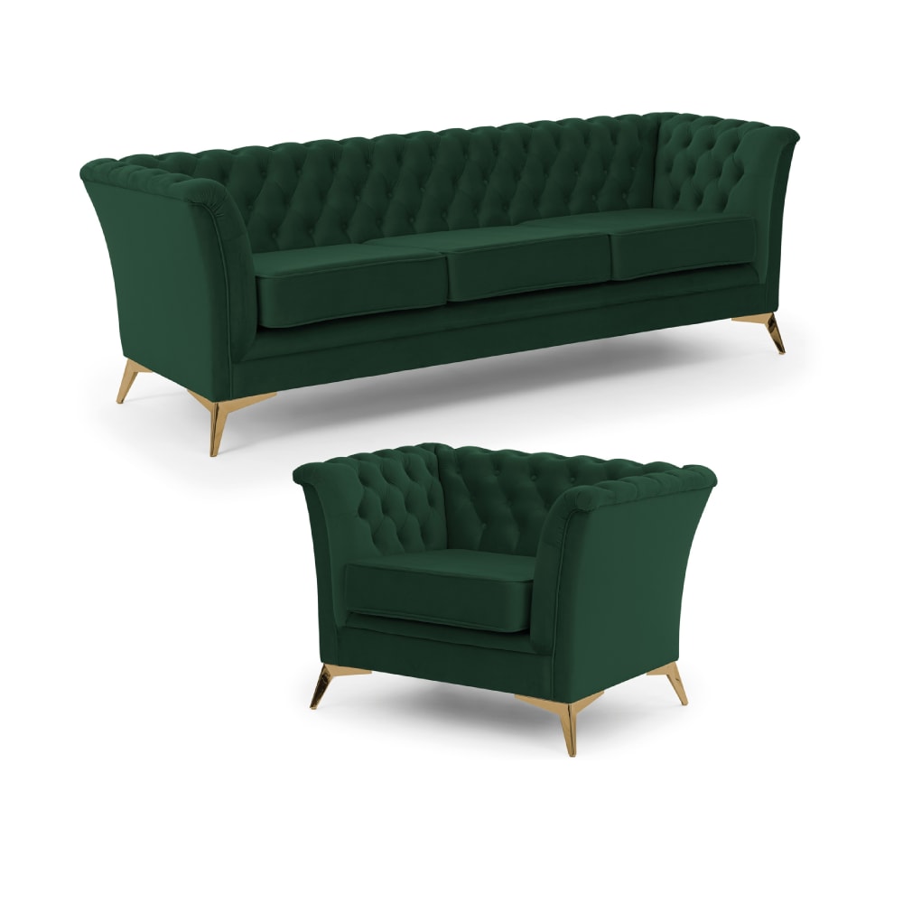 Ensemble de canapés Chesterfield 3+1 en velours vert