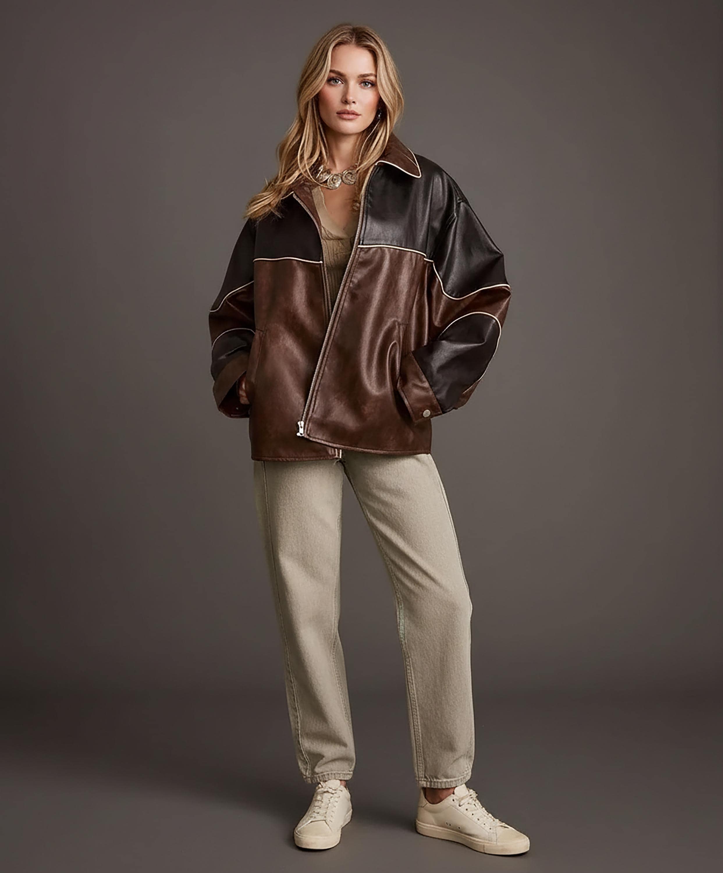 Women's Brown-Distressed Oversized Leather Jacket| Ladies Vintage Real-Lamb-Leather Outwear,Women Retro-Aviator-Sherpa Distress Biker Jacket