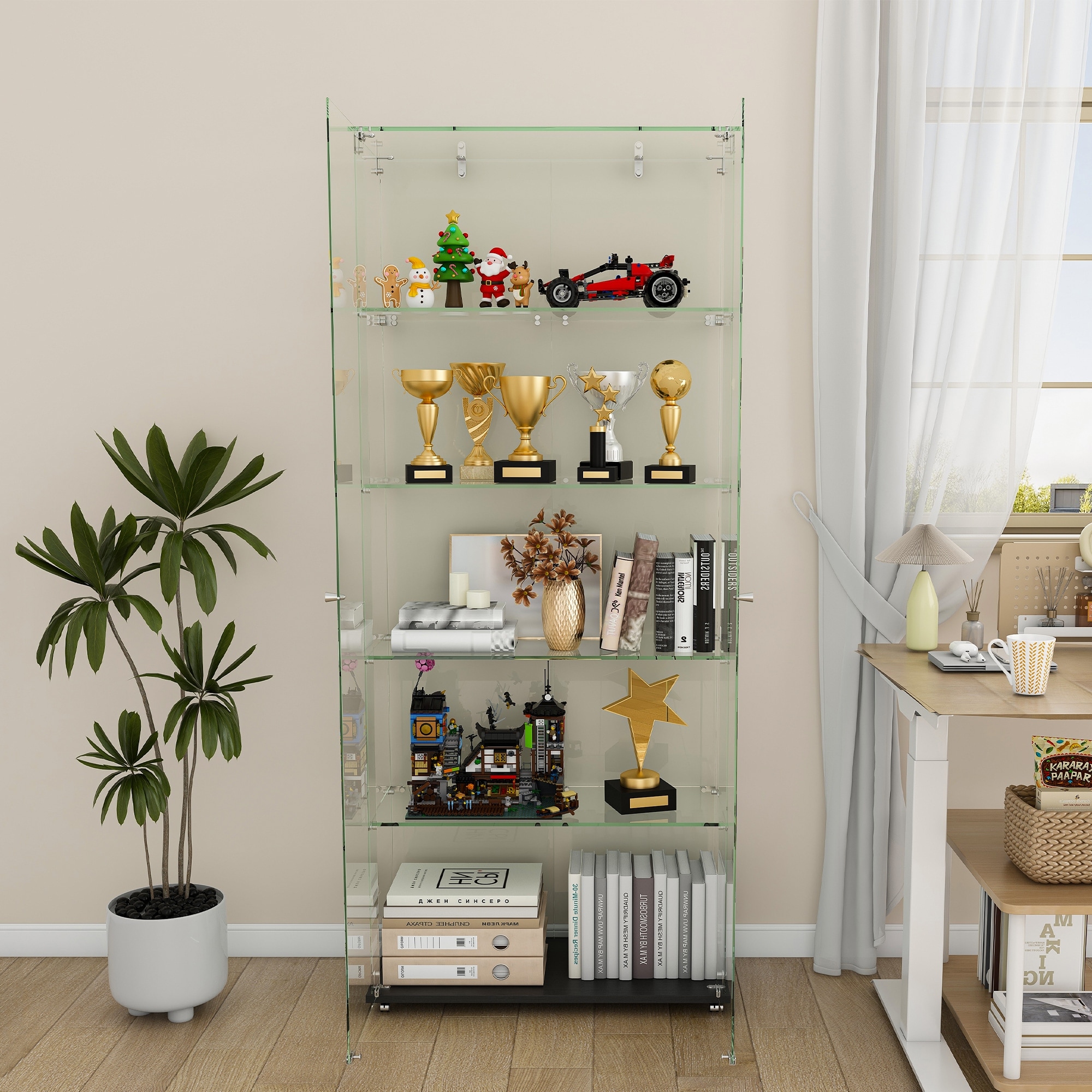 Spacious 5-Tier Glass Display Cabinet with Locking Doors, Sturdy Floor Standing Shelving Unit, Black