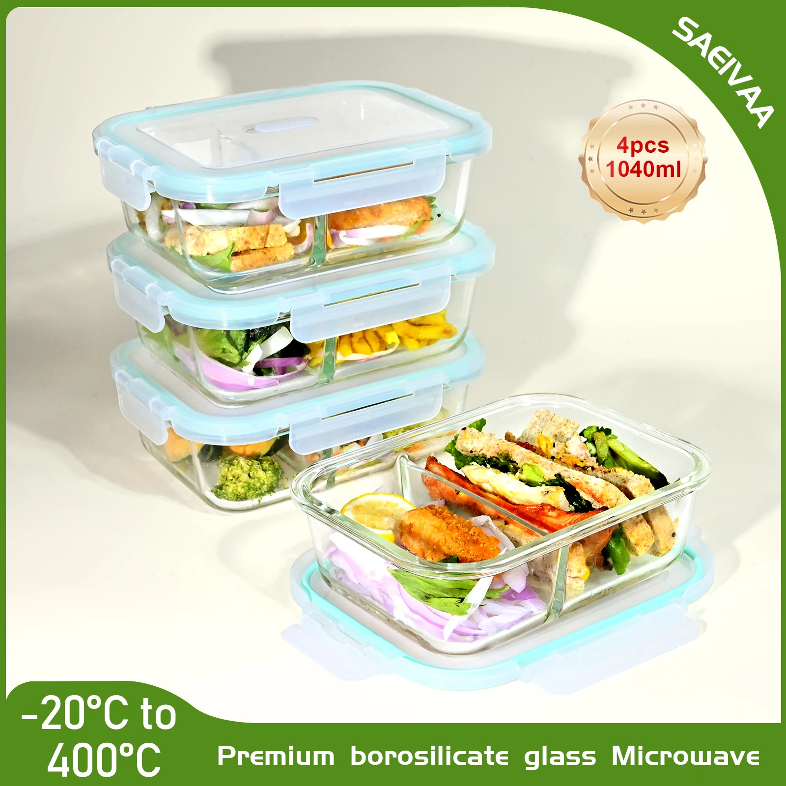 Boîte de conservation des aliments 4x1040ml, conteneurs de stockage des aliments en verre Borosilicate, sans micro-ondes, stockage de cuisine sans BPA
