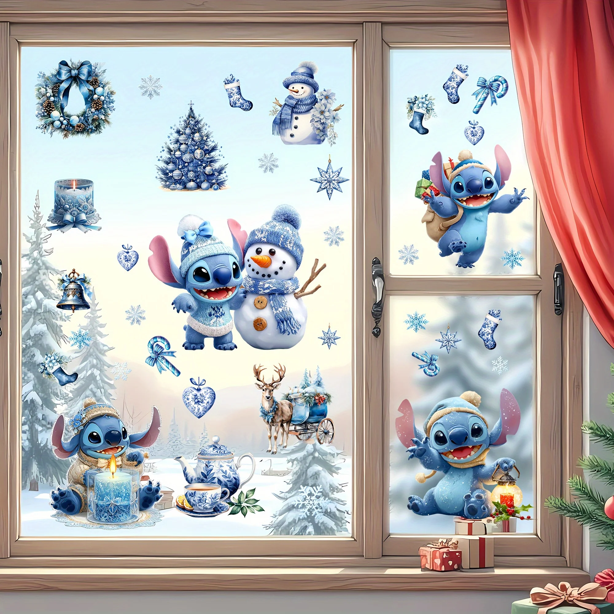 1 autocollant de dessin animé Disney Stitch, décoration artistique, décoration de Noël, adapté à la décoration de miroir, décoration de la maison, décoration à thème, décoration de vacances