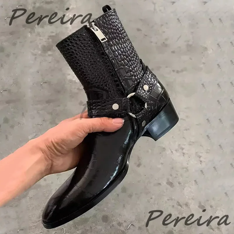 Schwarze Chelsea-Stiefel mit Krokodilmuster, modischer Metallring, spitzer Zehenbereich, seitlicher Reißverschluss, kurze Stiefeletten, Business-Herrenschuhe aus Rindsleder