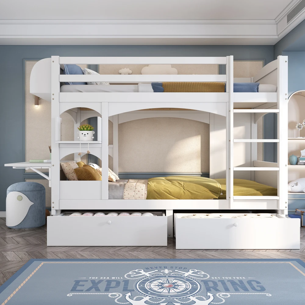 Kindermöbel 90 x 200, multifunktionales Kinder-Doppelbett, klappbarer Schreibtisch, Regal, Aufbewahrungsleiter, 2 Schubladen, ohne Matratze 114