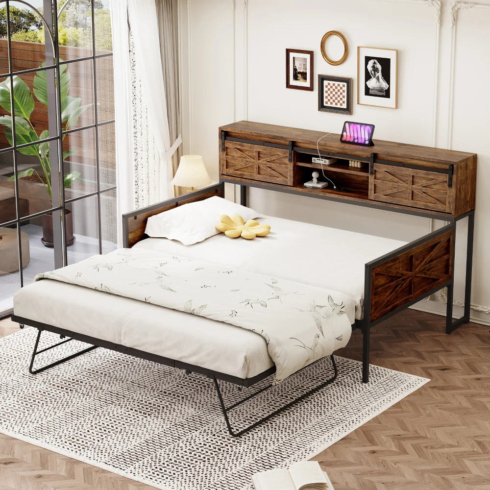 Eisen-Schlafsofa 90 x 200 cm, ausziehbares Schlafsofa mit mehreren Ablagefächern und multifunktionalen Steckdosen, Einzelbett aus Eisen, Jugendbett