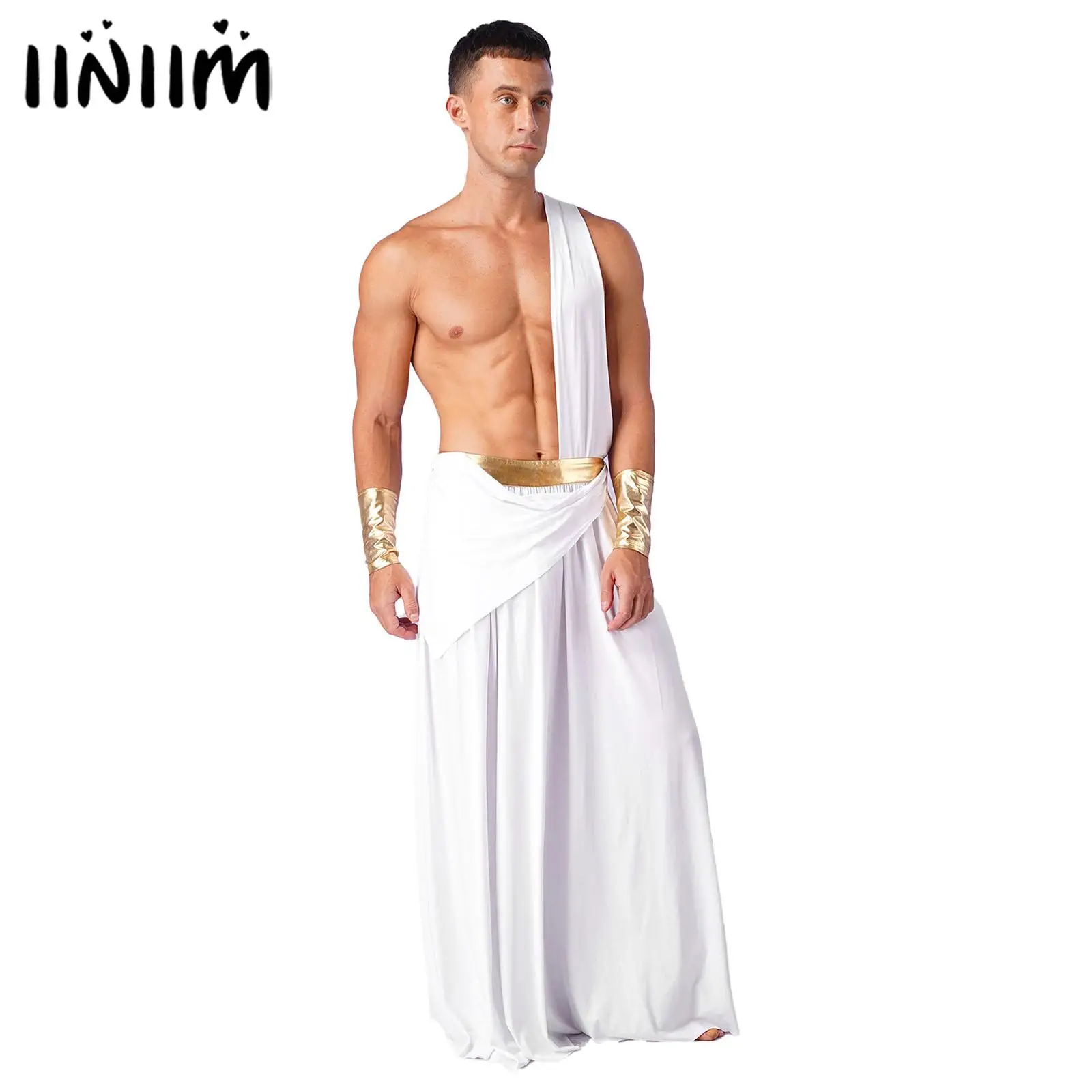 Herren Antiker griechischer Karneval Cosplay Kostüm Langer Rock mit Armband Gott Römischer Prinz Kaiser Griechische Robe Krieger Gladiator Toga Image