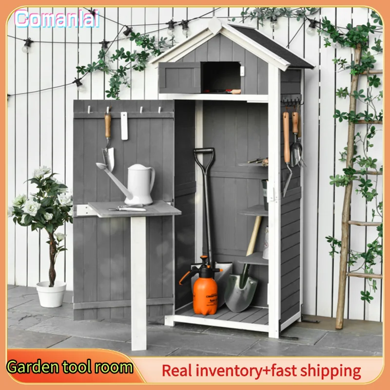 Comanlai 78 x 52,5 x 182 cm Gartenwerkzeugraum, Gartenschrank mit Tür und Dach, Holzwerkzeugschuppen für die Aufbewahrung im Garten, Grau