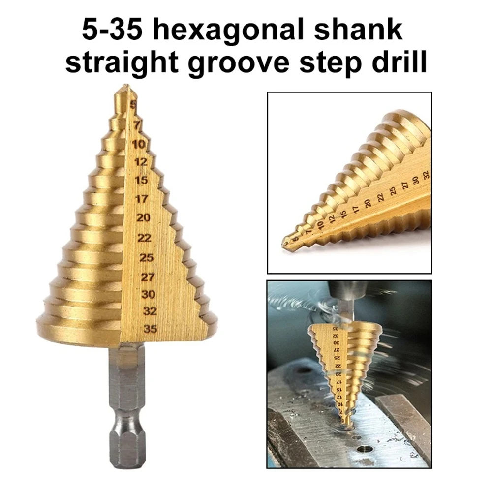 1 Stück 5 mm ~ 35 mm Stufenbohrer, Titanbeschichteter Sechskantschaft-Bohrer mit gerader Nut, Holzbearbeitungsbohrwerkzeuge, für Holz und weiches Metall Image
