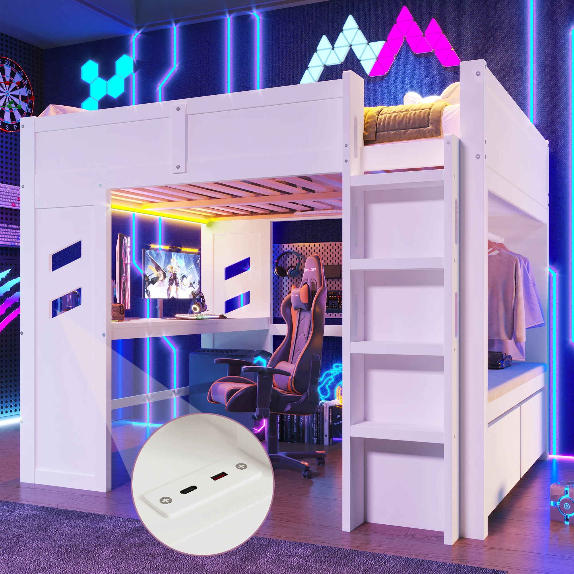 Gaming Hochbett 140x200cm, Weiß. Schreibtisch inkl. LED-, USB-/Typ-C-Anschlüsse, Schublade- und Wäscheständer. Ohne Matratze. Image