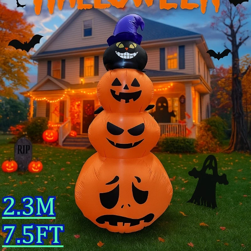 7,5 Fuß aufblasbare Spielzeuge Halloween Outdoor-Dekorationen Kürbis Katze Hof eingebaute LED-Leuchten für Urlaub Blow Up Party Ornament Image