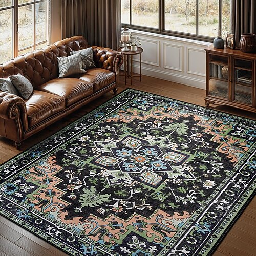 Teppiche für Wohnzimmer und Schlafzimmer große fleckenresistente waschbare weiche rutschfeste Vintage Blumen Oushak Teppich Boho Moody Bauernhaus Stil Sofa Bettseite Wohnkultur Schwarz Braun Image