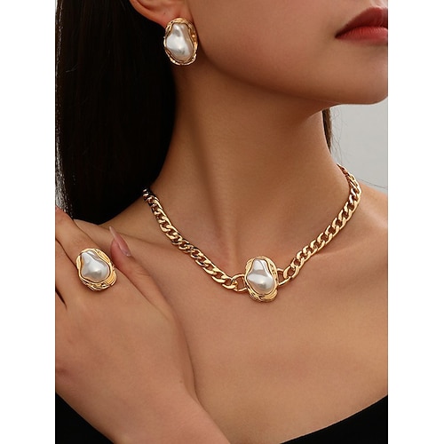 Damen-Schmuckset mit goldenen Perlen für Partys – dicke Halskette, Statement-Ohrringe, Armband und Ring, elegante Accessoires im Barockstil für den Abend formelle Veranstaltungen Image