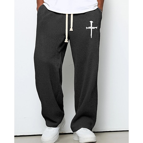 Herren Jogginghose Hose Gerade geschnittene Sweatpants Waffelhose Kordelzug Tasche Elastischer Bund Kreuz Komfort Sport im Freien Täglich Mode Lässig Dunkelbraun Schwarz Mikroelastisch Image