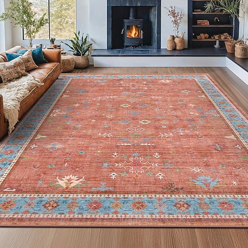 Teppiche für Wohnzimmer und Schlafzimmer große fleckenresistente waschbare weiche rutschfeste Vintage Blumen Oushak Teppich Boho Moody Bauernhaus Stil Sofa Bettseite Wohnkultur Schwarz Braun Image
