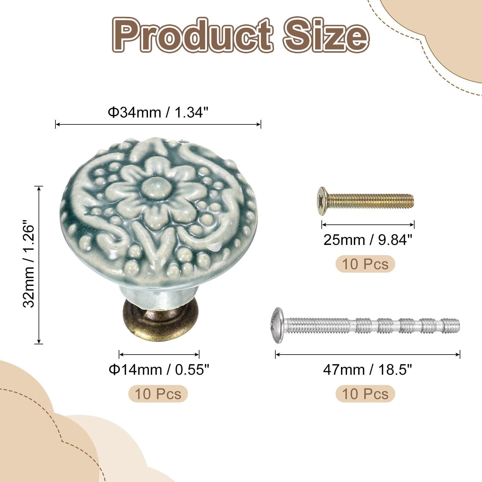 34mm Flower Pattern Raised Base Ceramic Knobs with Screws