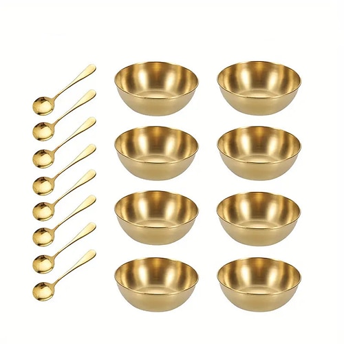 Set di 16 piatti rotondi in acciaio inox per salse, piatti dorati per salse, cucchiai dorati