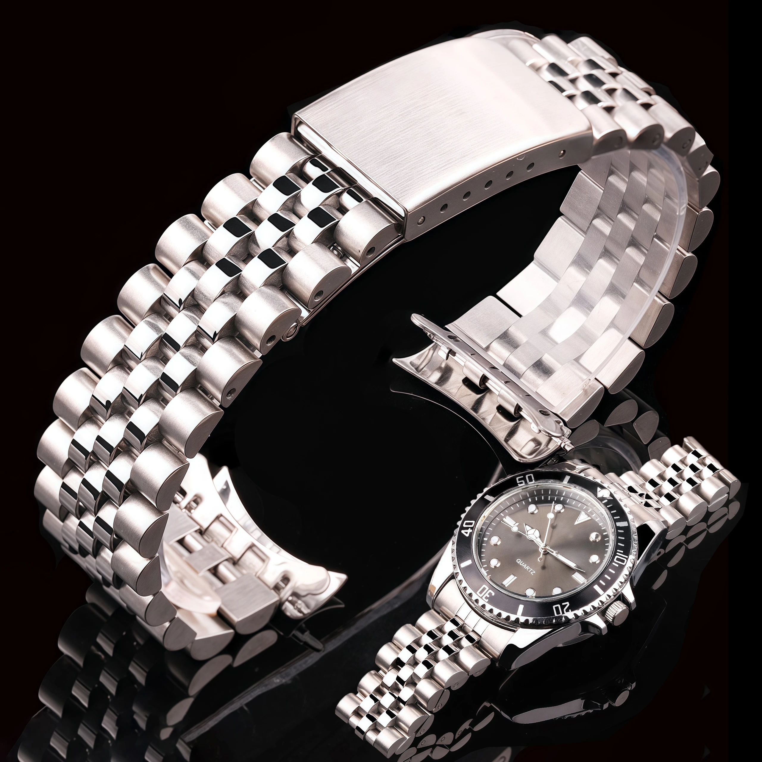 18mm 20mm 22mm Edelstahl-Uhrenarmband mit gebogenem Ende, silbernes Metallarmband für Herren und Damen, Ersatzzubehör für Armbanduhren Image