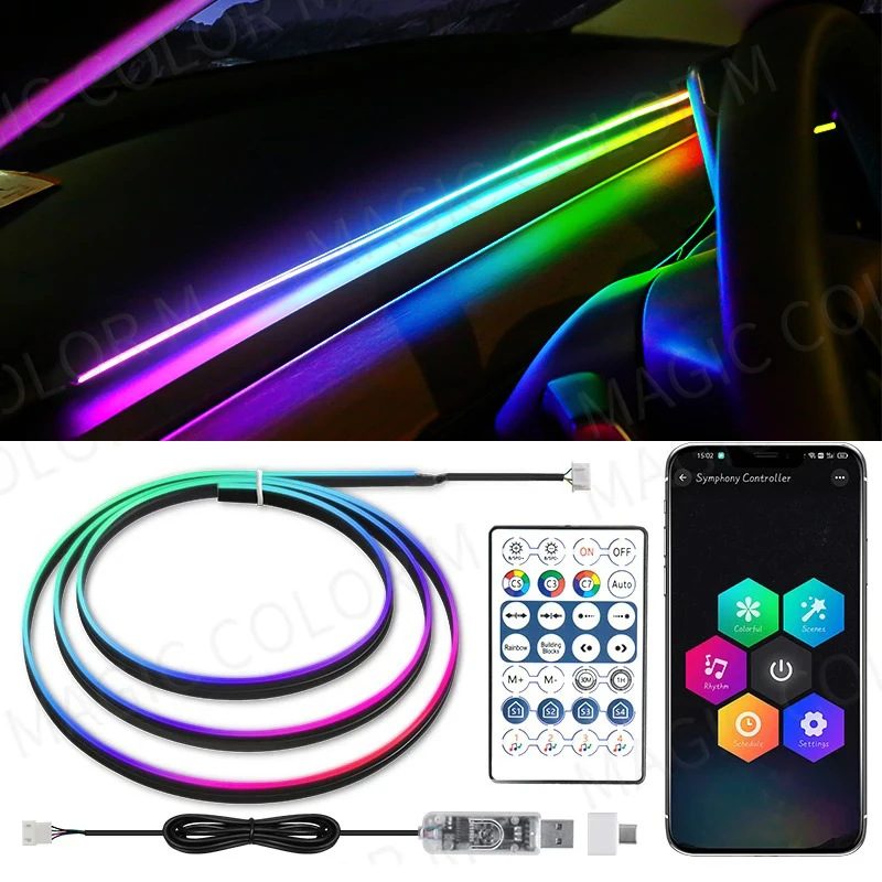2in1 Car LED Ambient Light USB 64 Colors Acrylic Strips Full Colors RGB Car Interior Hidden App Remote Control Atmosphere Lamp