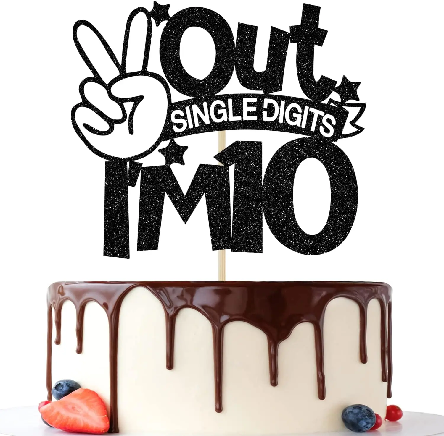 1 Packung mit einer Ziffern „I'm 10“-Kuchenaufsatz, doppelte Ziffern 10, für Jungen und Mädchen zum 10. Geburtstag, Dekorationen, schwarzer Glitzer Image