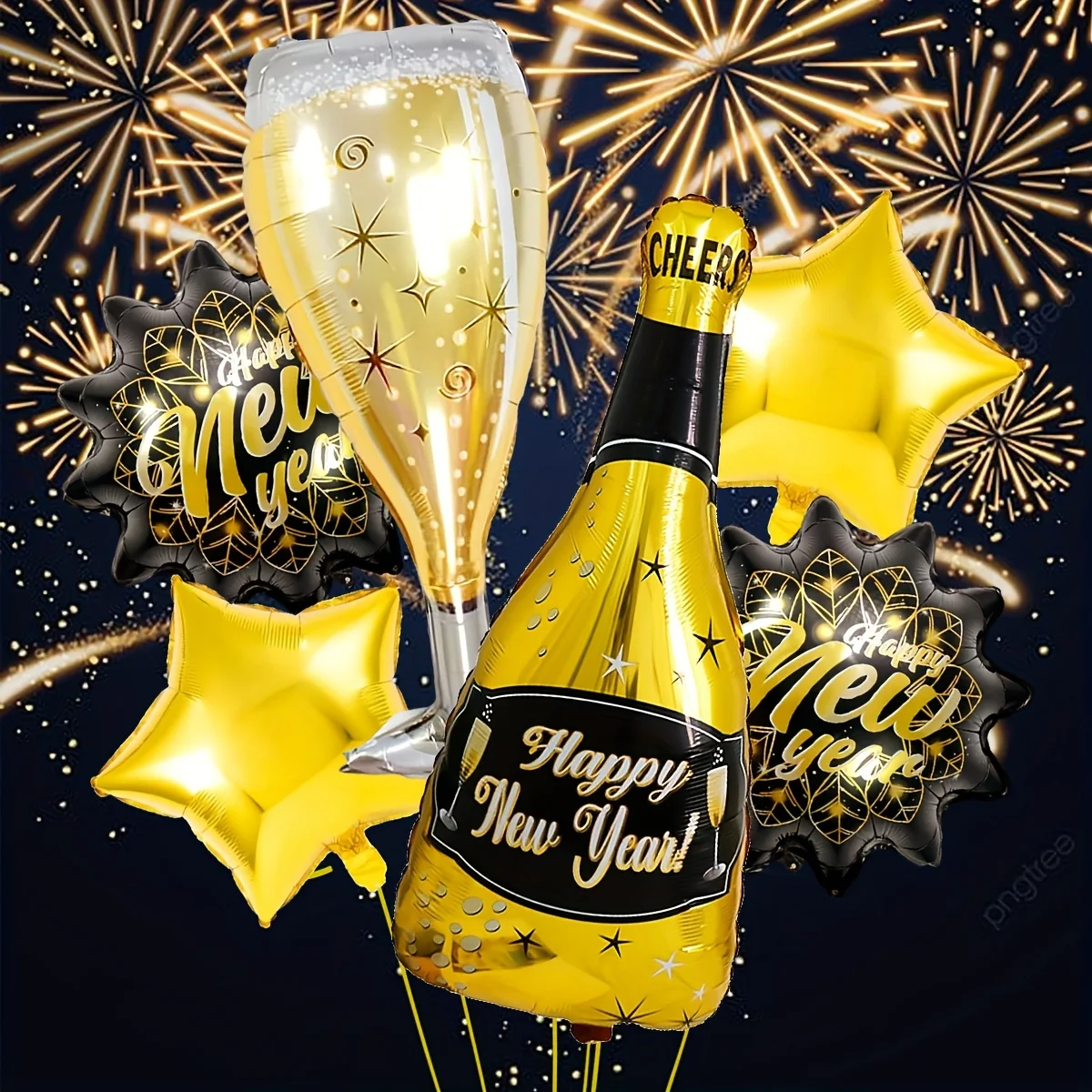 6 Stück Neujahrs-Ballon-Set, Dekorationen, einschließlich Neujahrsblätter, goldenen Sterne, Weinflaschenformen, Neujahrsparty-Dekorationen Image