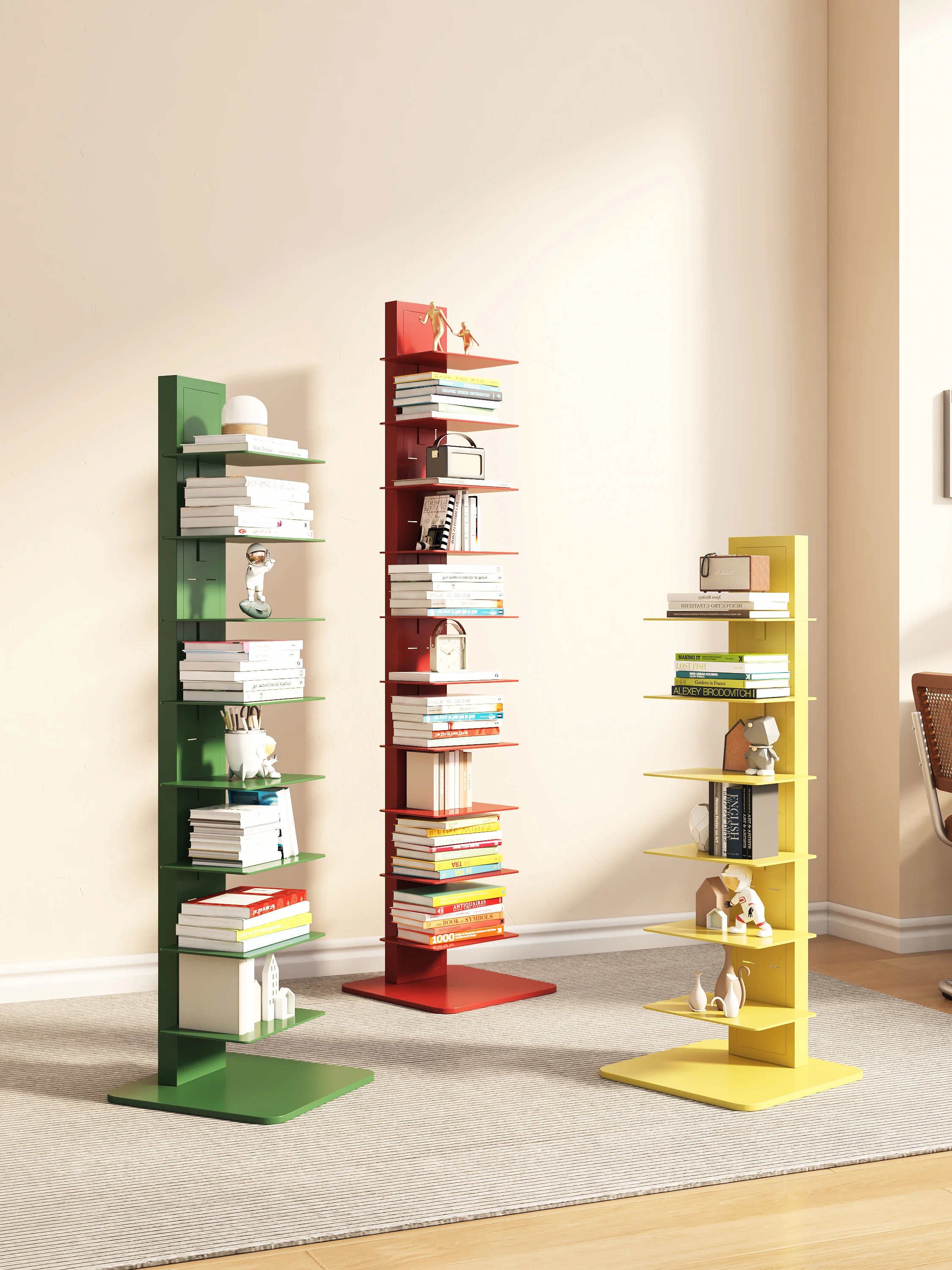 Schmiedeeisernes Bodenregal, unsichtbares Bücherregal, vertikales Wohnzimmer, schmales Bücherregal für den Haushalt, Ausstellungsregal, Bücherregal Image