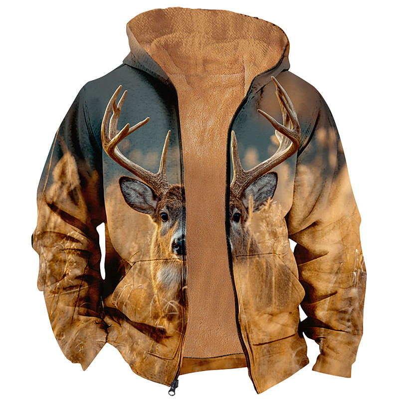 Men's Deer Fleece Hoodie Jacket Sweatshirt Classic Hunting Long Sleeve Crew Neck Outdoor Camping Brown Zip Up Fall Winter Designer S M L XL 2XL 3XL