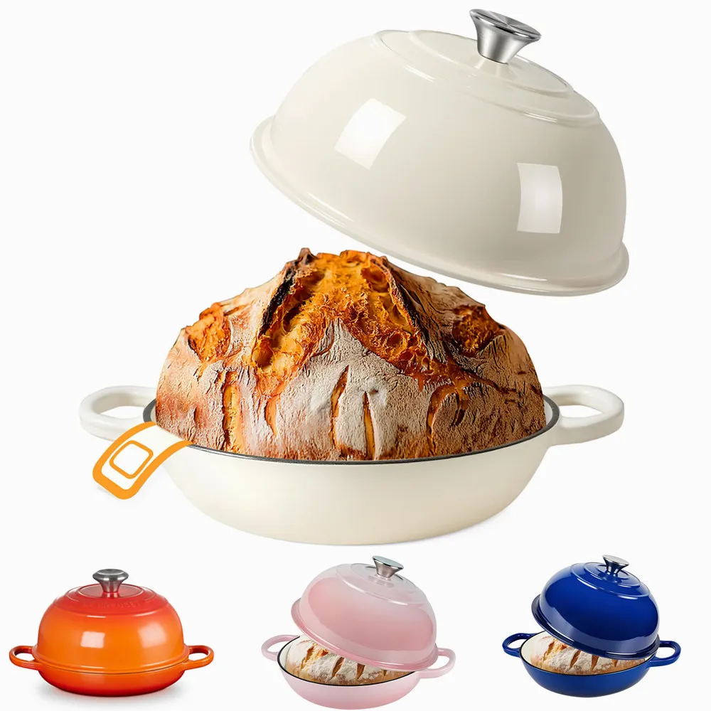 24 cm emaillierter Gusseisen-Dutch-Ofen zum Backen von Sauerteigbrot, Gusseisen-Brotpfanne, Emaille-Topf, Auflauf, Brotbackofen mit Deckel Image