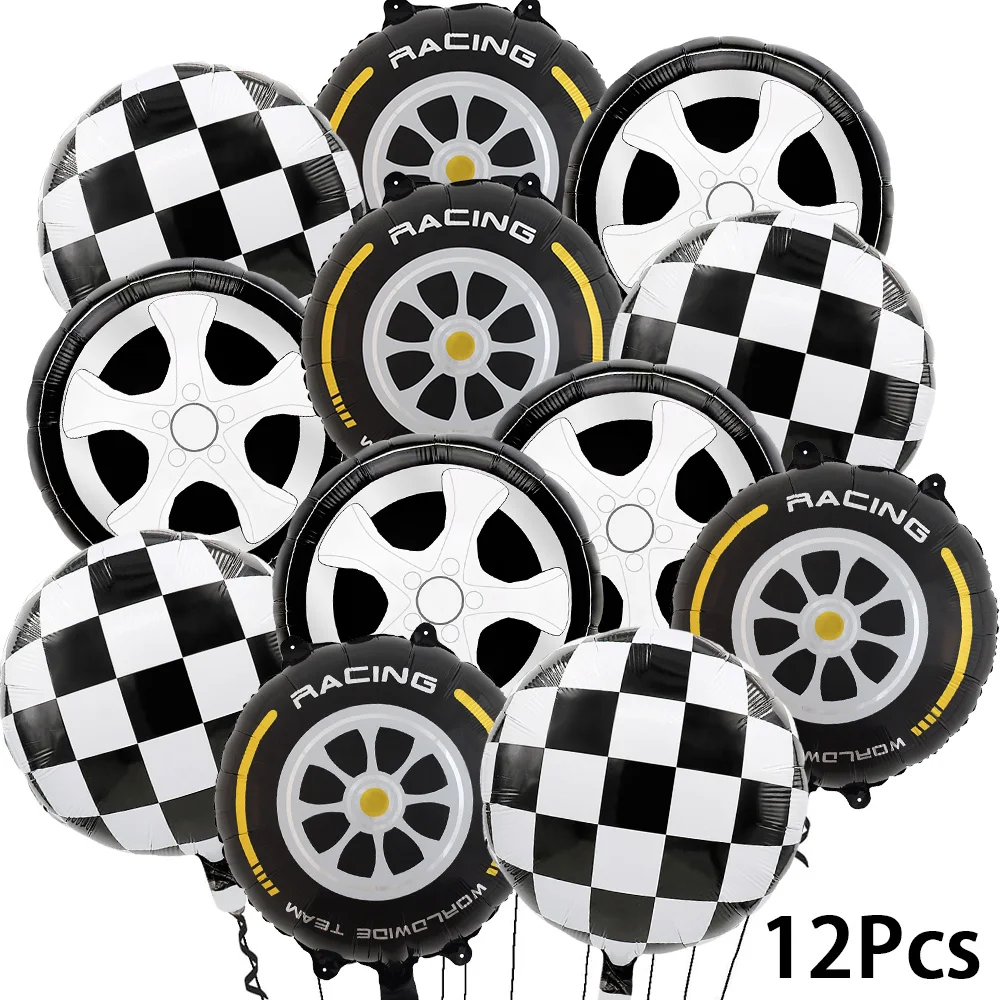 12-teiliges Racing-Themed-Ballon-Set, 18 Zoll schwarz-weiß karierte Luftballons, 18 Zoll reifenförmige Luftballons, 18 Zoll Goldrand-Reifenförmige Luftballons, Reifenfolienballons; Geeignet für Image