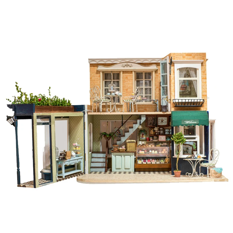 Bricolage grande maison de café maison de poupée en bois Miniature avec Kit de meubles maisons de poupée assembler des jouets pour enfants cadeau de noël Casa