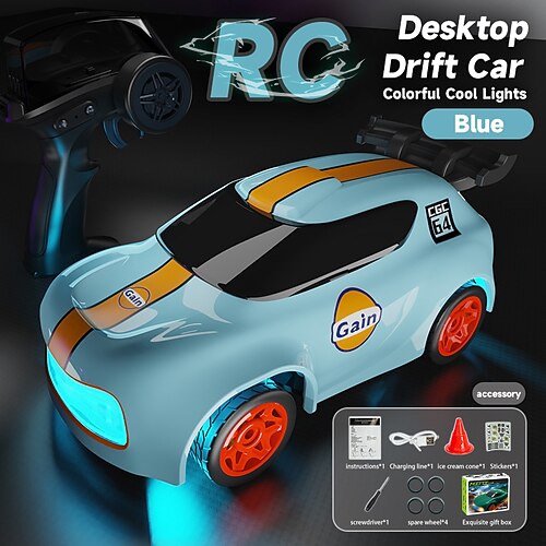 Mini voiture RC de dérive de bureau - Voiture de course télécommandée électrique à pleine échelle avec vitesse et lumières contrôlables - Jouet amusant d