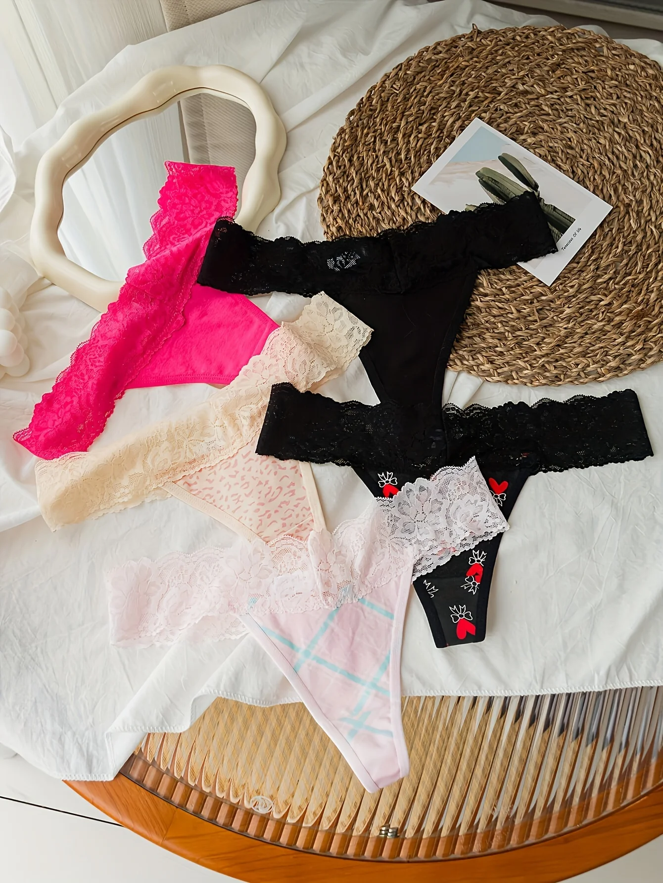 Damen-Set aus schwarzer, mehrfarbiger Spitze, Spitze, Baumwolle, sexy Tanga-Set, Damen-Unterwäsche, 5-teiliges Set