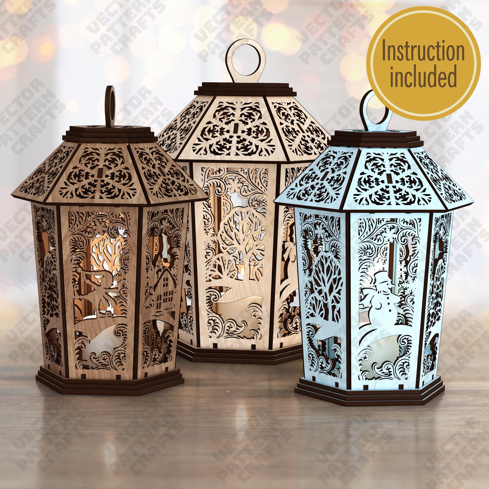 Lanterna portacandele natalizia tagliata al laser file svg Glowforge Portacandele natalizio in legno svg Lampada da tavolo natalizia dxf Laser nataliz