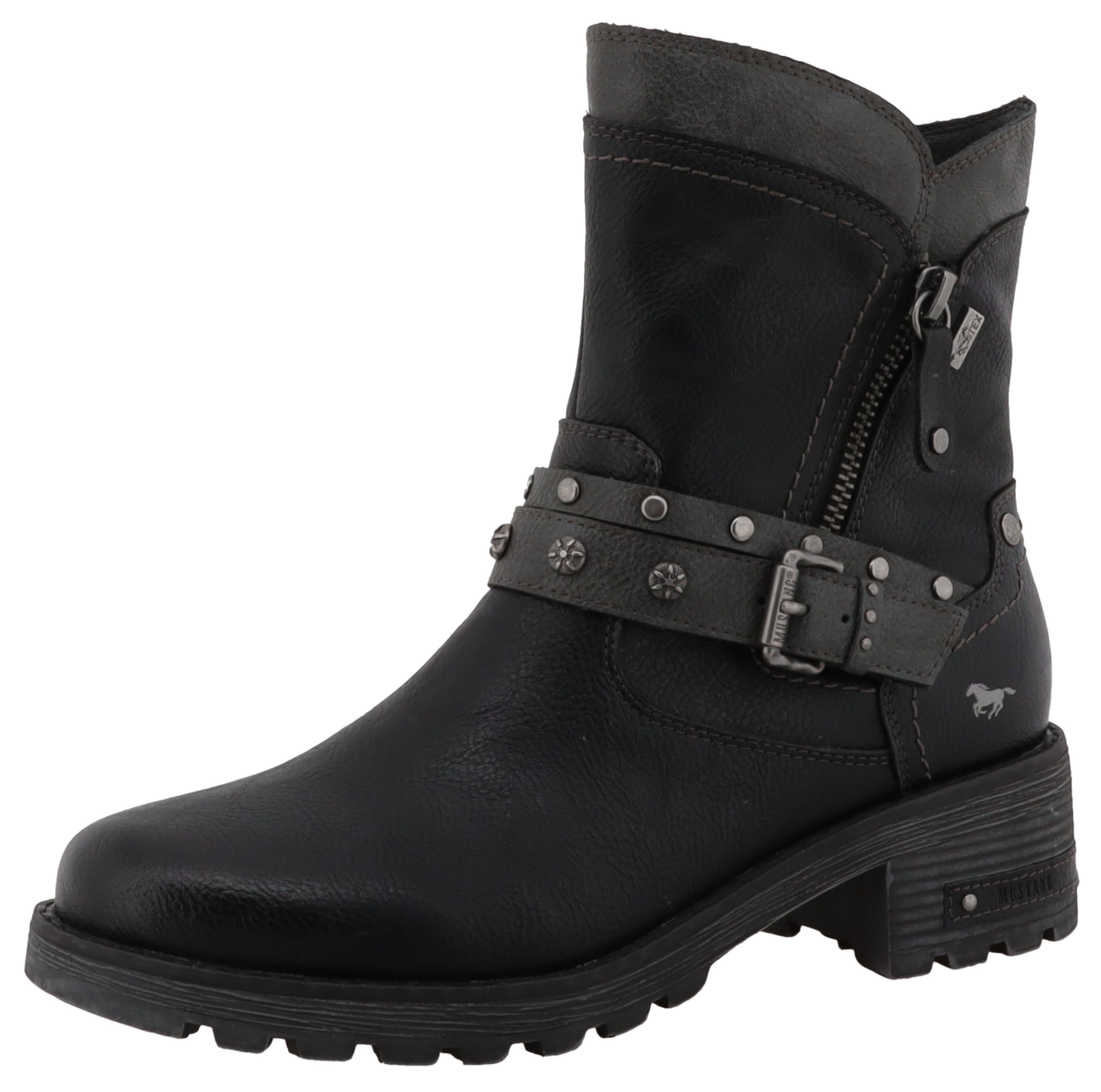 Winterboots MUSTANG SHOES "Haukea", Damen, Gr. 36, schwarz (schwarz, grau), Lederimitat, Schuhe Winterboots, Biker Boots mit Blockabsatz und TEX-Membrane