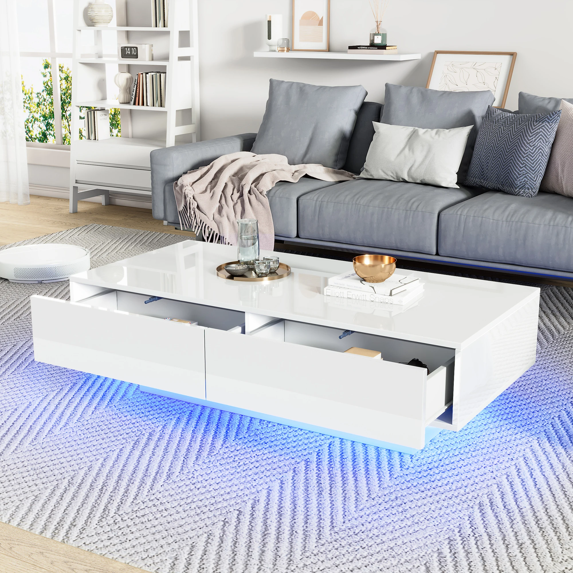 Moderner Hochglanzweißer Couchtisch, 115 x 55 x 34 cm, mit 2 Schubladen, LED-Beleuchtung, Tragfähigkeit 30 kg, Wohnzimmertisch