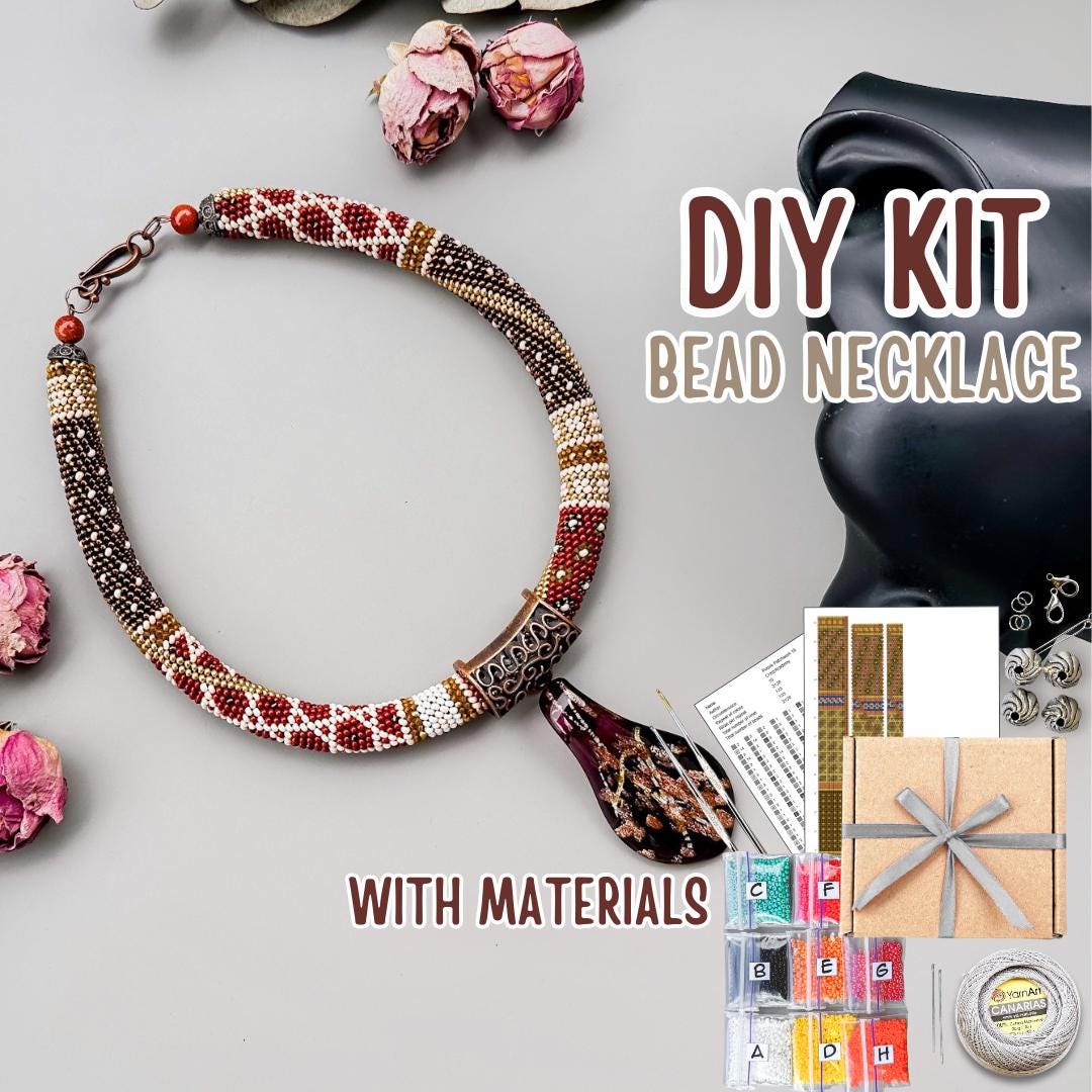 KIT fai da te Collana all'uncinetto con perline beige e marrone, creazione di corda all'uncinetto con perline autunnali, kit per gioielli all'uncinett