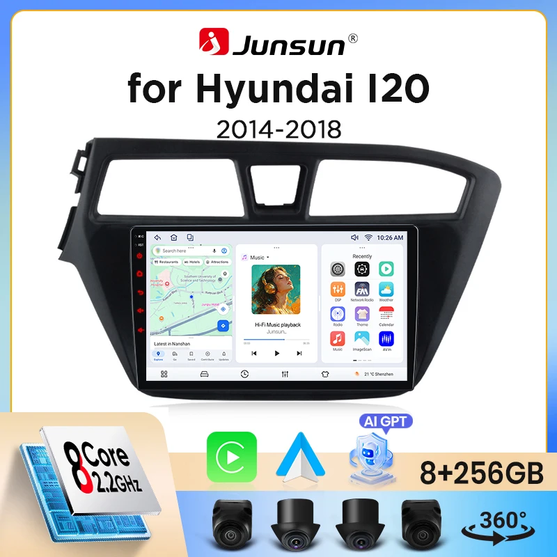 Junsun Wireless CarPlay Android Auto Autoradio für Hyundai i20 Mk2 (GB/IB) 2014-2020 mit eingebautem Lüfter, Android GPS-Navigation, Multimedia-Player, WiFi, DSP, RDS, BT, SWC, IPS-Touchscreen, Image
